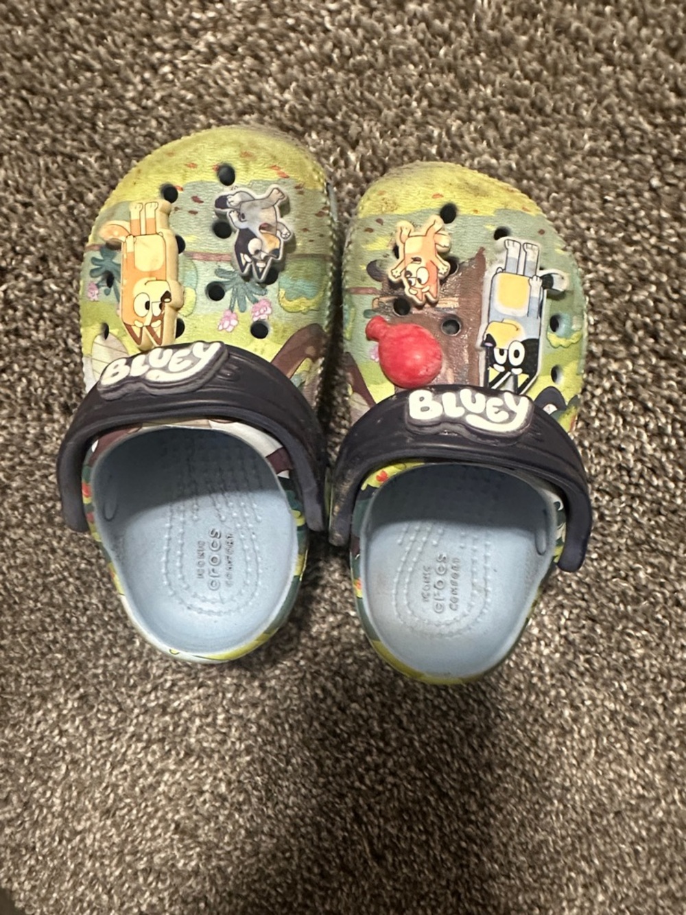 CROCS Kids Green and Blue Cartoon Back-Strap Clogs